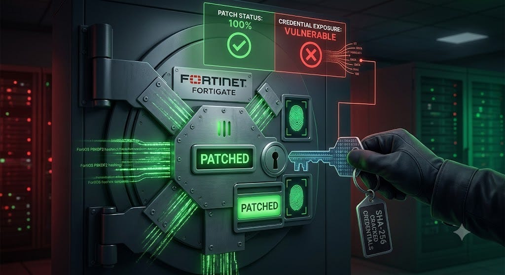 A dark conceptual illustration of a reinforced 'FORTIGATE' vault door with green light patches. A hand, holding a key labeled 'SHA-256 CRACKED CREDENTIALS', is inserting it into the keyhole, bypassing multiple complex digital locks. Text overlays read 'PATCH STATUS: 100%' and 'CREDENTIAL EXPOSURE: VULNERABLE.' A dark conceptual illustration of a reinforced 'FORTIGATE' vault door with green light patches. A hand, holding a key labeled 'SHA-256 CRACKED CREDENTIALS', is inserting it into the keyhole, bypassing multiple complex digital locks. Text overlays read 'PATCH STATUS: 100%' and 'CREDENTIAL EXPOSURE: VULNERABLE.'