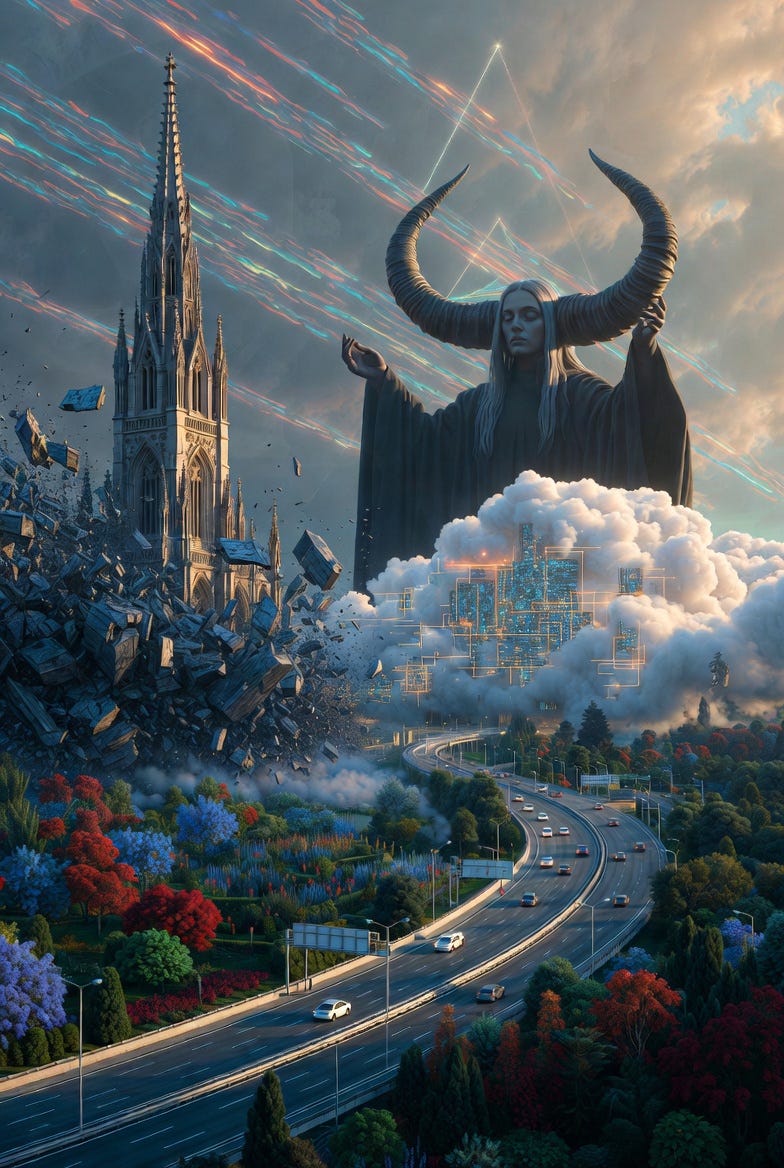 A digital illustration of an abstract symbolic scene titled "The Trilogy Closed a Door," featuring a gothic cathedral, orbital debris, autonomous vehicles, cyber infrastructure, a garden, and a mysterious figure.