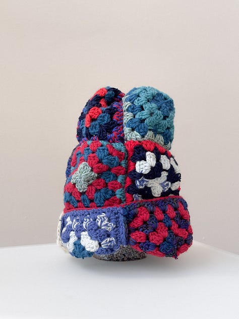 Teal and red granny crochet patchwork beanie