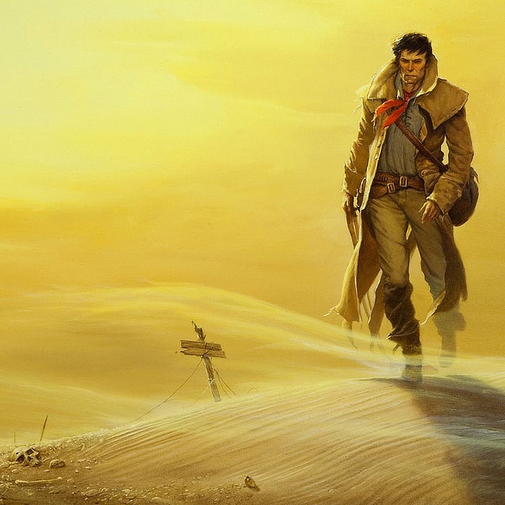 LEFT: Background detail from THE GUNSLINGER FOLLOWED featuring a Taheen, a bird headed humanoid, set in profile with beak open in a shriek. The wide positioning of its legs suggest that it just pivoted and took a step. RIGHT: Figure detail from THE GUNSLINGER FOLLOWED featuring Roland trudging across a burning yellow desert. His shadow carries long into the immediate right foreground. Translucent wisps of sand blow across his path lending a surreal feeling to the path he walks. A sign stuck in the sand suggests a cross shaped grave marker tangled with wire. The top board is a rectangular while the bottom has a subtle point to it directing forward. Half buried in sand and gravel is a human skull.