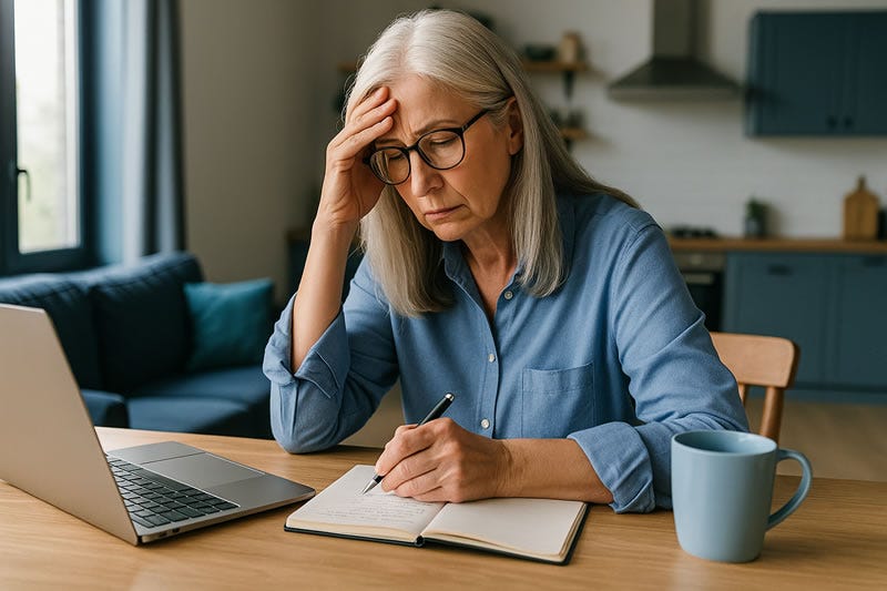 Imagen realista horizontal de una mujer senior concentrada trabajando en su portátil y escribiendo en una libreta, reflejando determinación y serenidad al volver a intentarlo en el emprendimiento digital, en un entorno moderno y con luz natural.