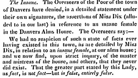1843 Salem Register newspaper archive clipping showing Danvers response to Dorothea Dix