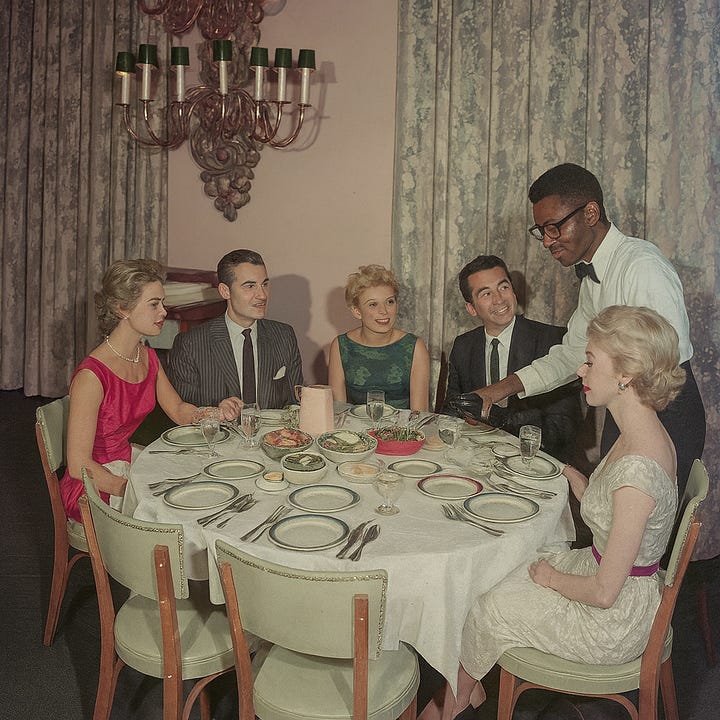 two imaged of a mid century dinner party at a restaurant with a waiter. One image has a Black waiter the other a white waiter.