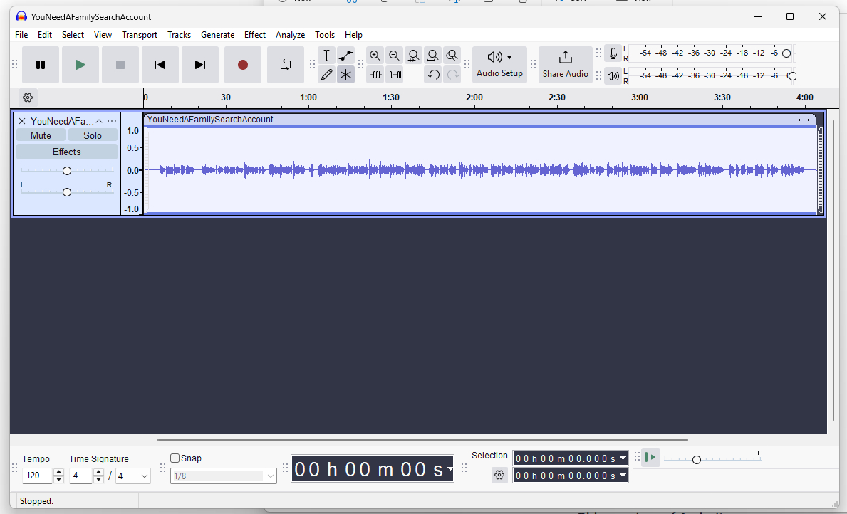 Image of You Need a Family Search Account's audio file open in Audacity. I use Audacity to edit my voiceover for my Substack posts.