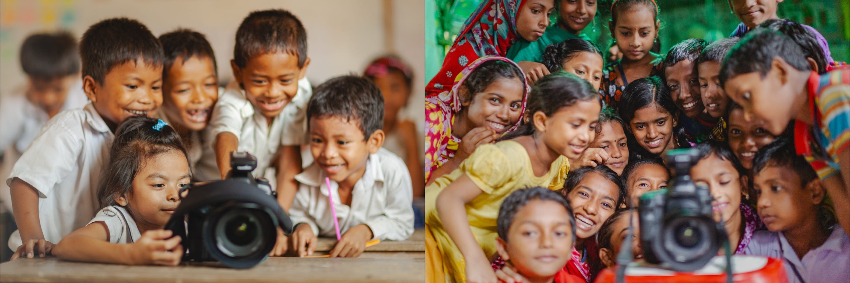 Schoolchildren in Cambodia and Bangladesh reviewing images in a camera screen. © Gavin Gough