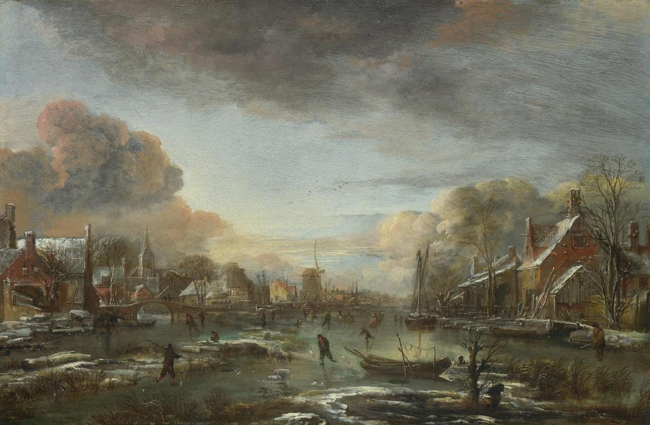 A Frozen River by a Town at Evening by Aert van der Neer: skaters and kolf players on ice under russet clouds