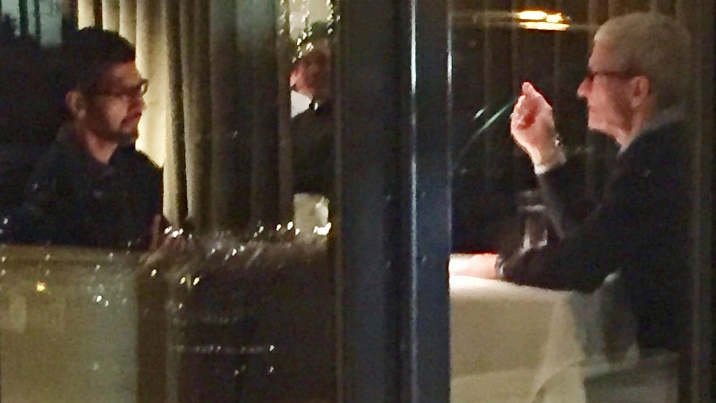 Apple CEO Tim Cook and Google Sundar Pichai spotted at dinner meeting Apple CEO Tim Cook and Google Sundar Pichai spotted at dinner meeting