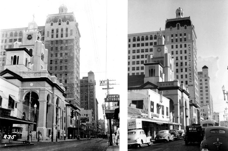 Figure 3: Gesu Catholic Church and the Security Building in 1927 (left), and 1945 (right). Courtesy of Casey M. Piket.
