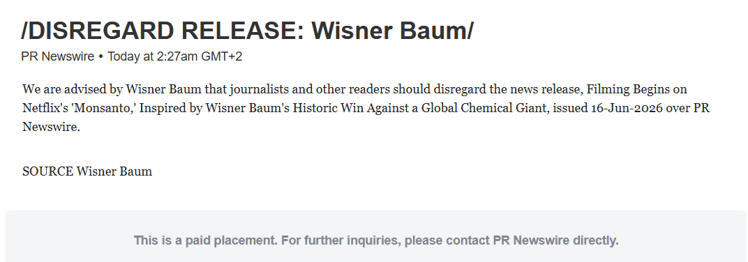 The image contains a warning from PR Newswire advising that the news release about Wisner Baum's historic legal win should be disregarded.
AI-generated content may be incorrect. The image contains a warning from PR Newswire advising that the news release about Wisner Baum's historic legal win should be disregarded.
AI-generated content may be incorrect.