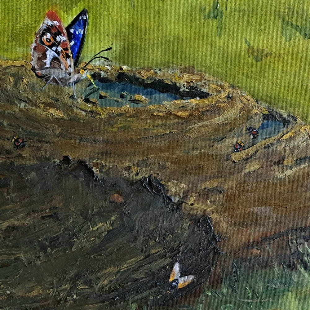 Painting detail showing texture, with aPurple emperor, Noon fly, Hydrophilidae beetles on dung. Work in progress.