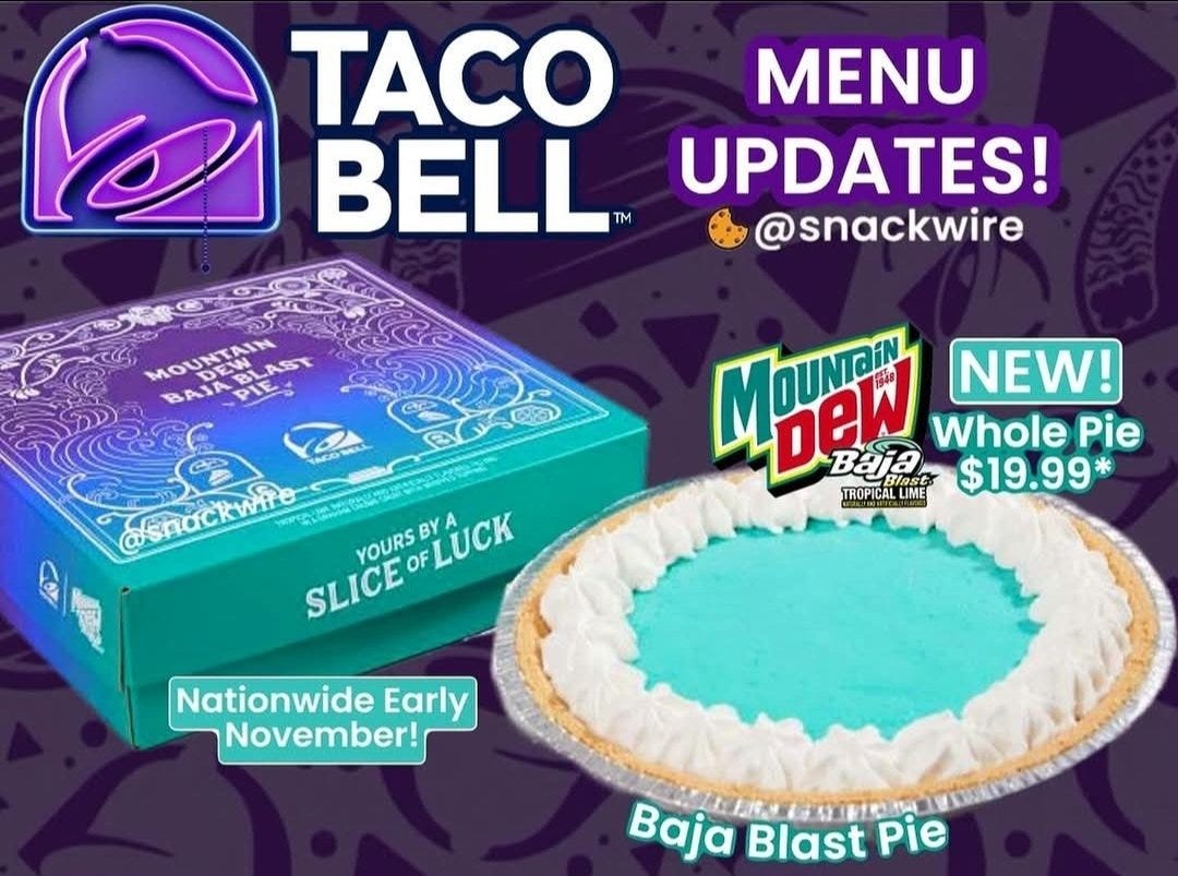 An ad featuring a neon blue pie with whipped cream