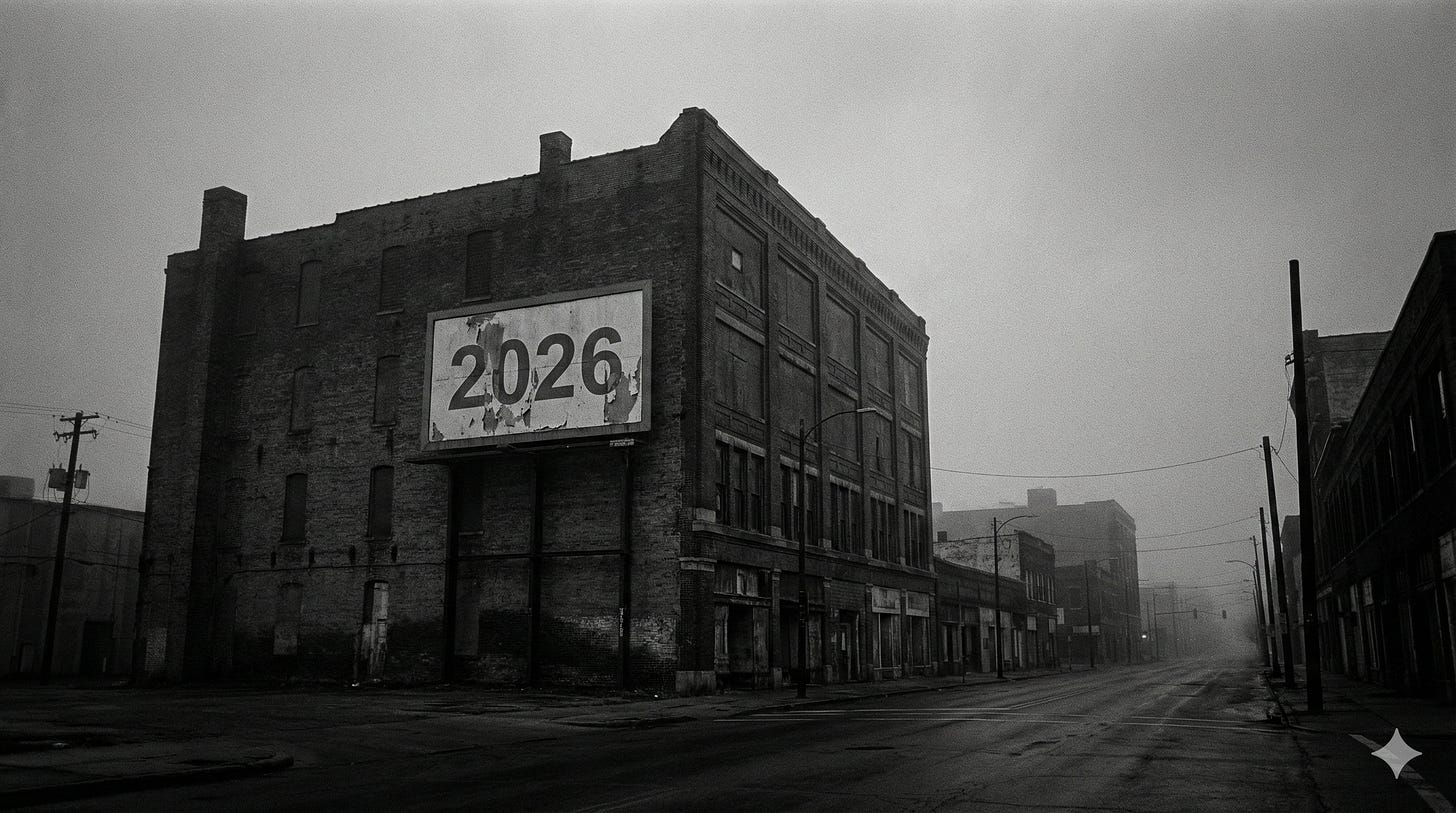 Black and white city street with an old brick building in the foreground and a large billboard displaying “2026,” creating a quiet, contemplative New Year mood.