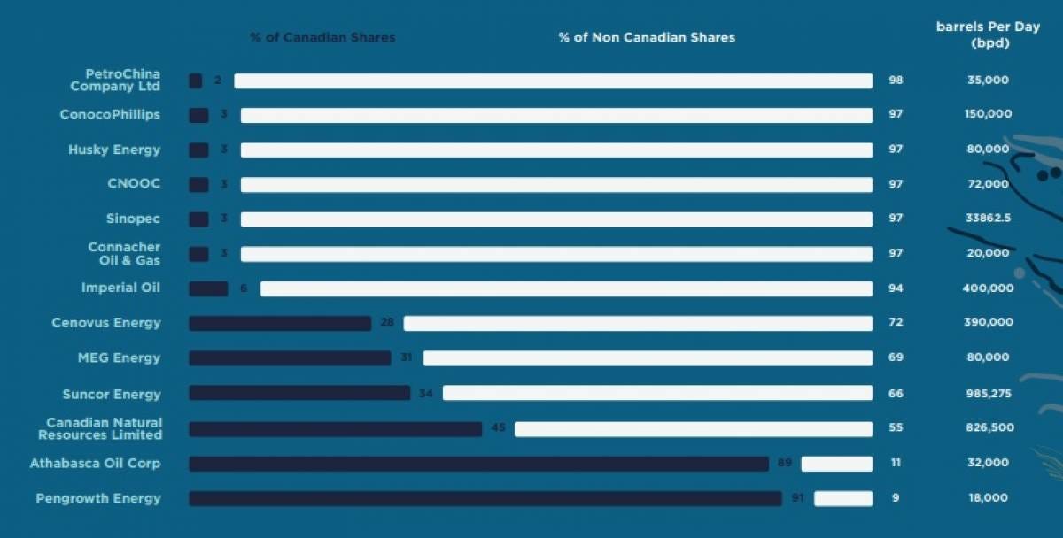 This chart from the environmental groups' report identifies the extent of Canadian ownership and daily production of 14 oilsands producers. This chart from the environmental groups' report identifies the extent of Canadian ownership and daily production of 14 oilsands producers.