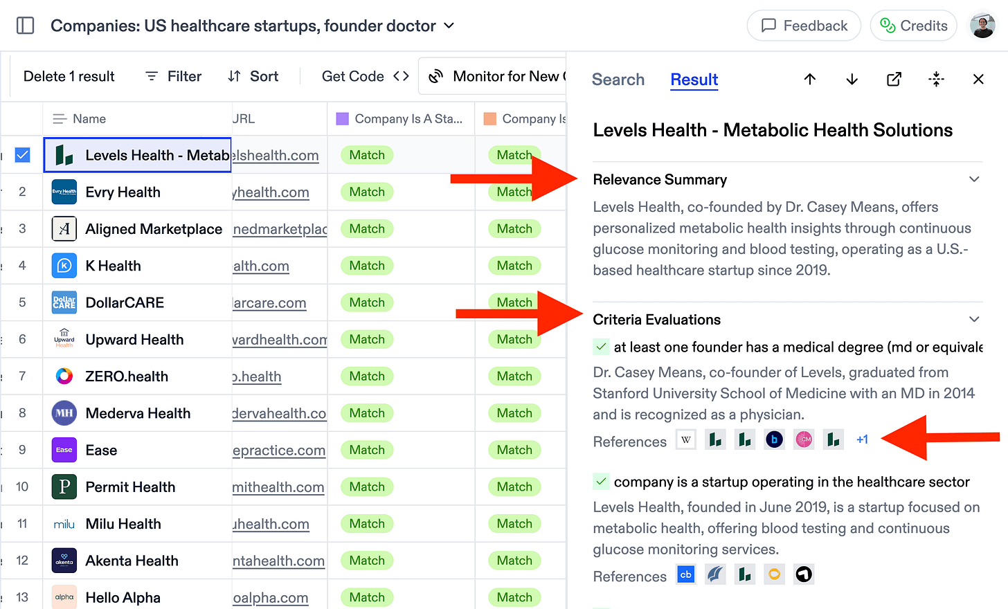 Webset result detail with AI summary, matched criteria, and sources