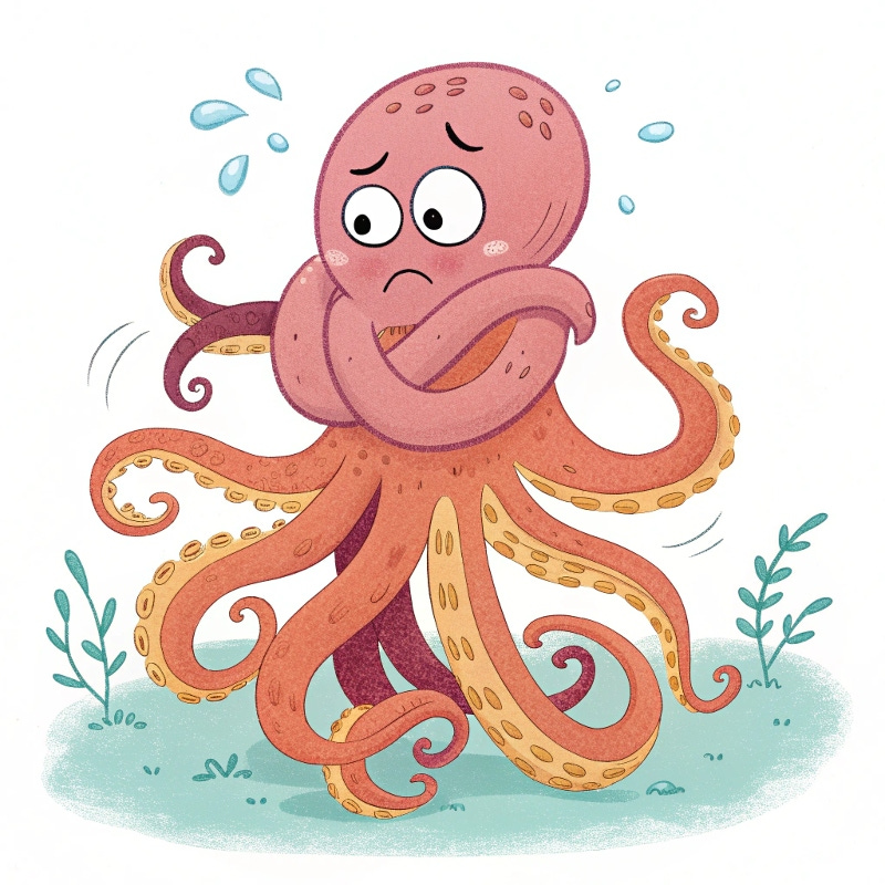 cartoon illustration of an octopus tangled up in his own eight arms. The expression on his face is comical because he is dismayed that he can’t get himself free of his knots. Since his arms are all knotted up, he looks like he’s hugging himself tight