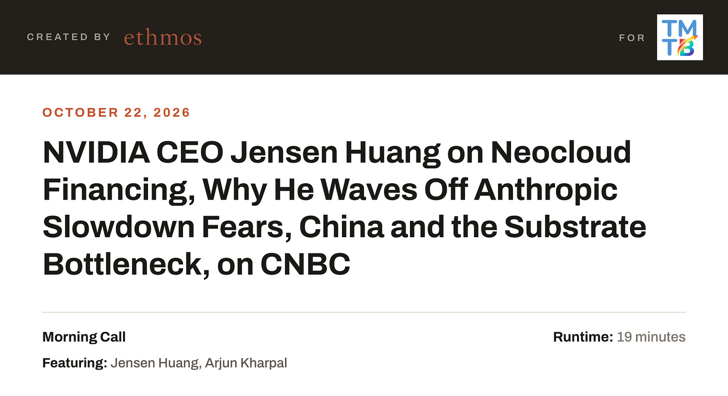 NVIDIA CEO Jensen Huang on Neocloud Financing, Why He Waves Off Anthropic Slowdown Fears, China and the Substrate Bottleneck, on CNBC NVIDIA CEO Jensen Huang on Neocloud Financing, Why He Waves Off Anthropic Slowdown Fears, China and the Substrate Bottleneck, on CNBC