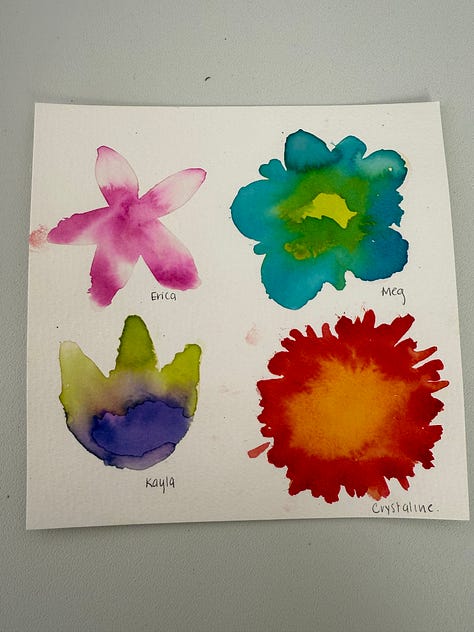 Megan Falley watercolor paintings of flowers, an octopus, a night sky, a jellyfish, her and Andrea walking through the forest, and berries on a branch