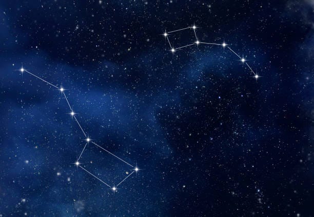 The Big Dipper and Little Dipper constellations are outlined against a blue-black night sky.