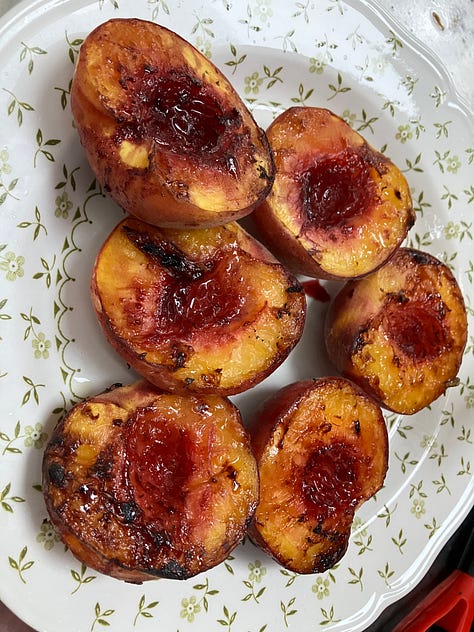 Grilled peaches, ice cream, football cookie