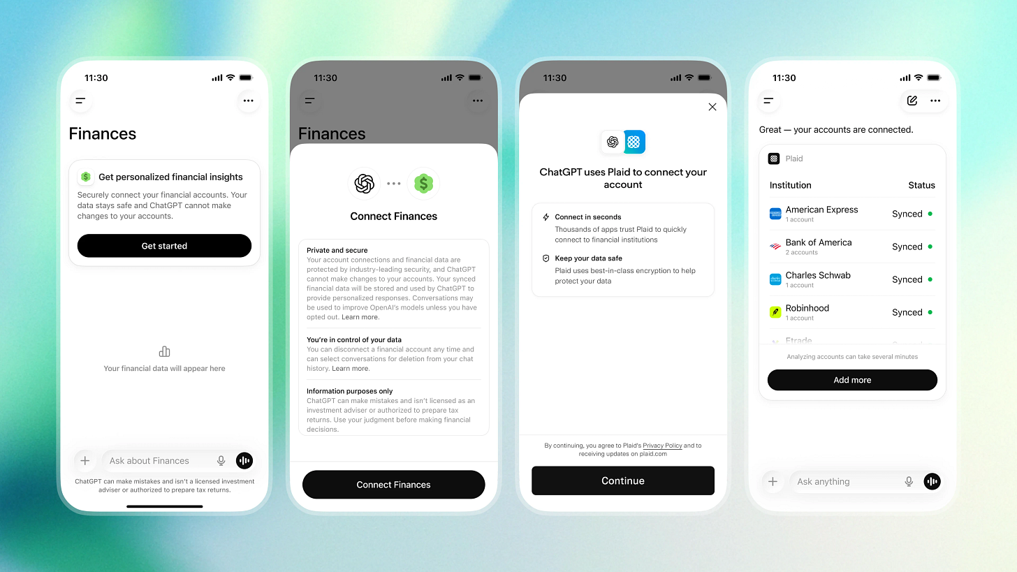 Four mobile app screens showing the process of connecting financial accounts to ChatGPT