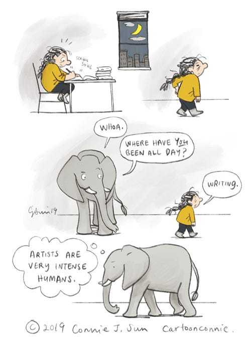 artists, creatives, intense humans, elephant comic strip, humor, writing, creative process, sketchbook, connie sun, cartoonconnie, journal comic