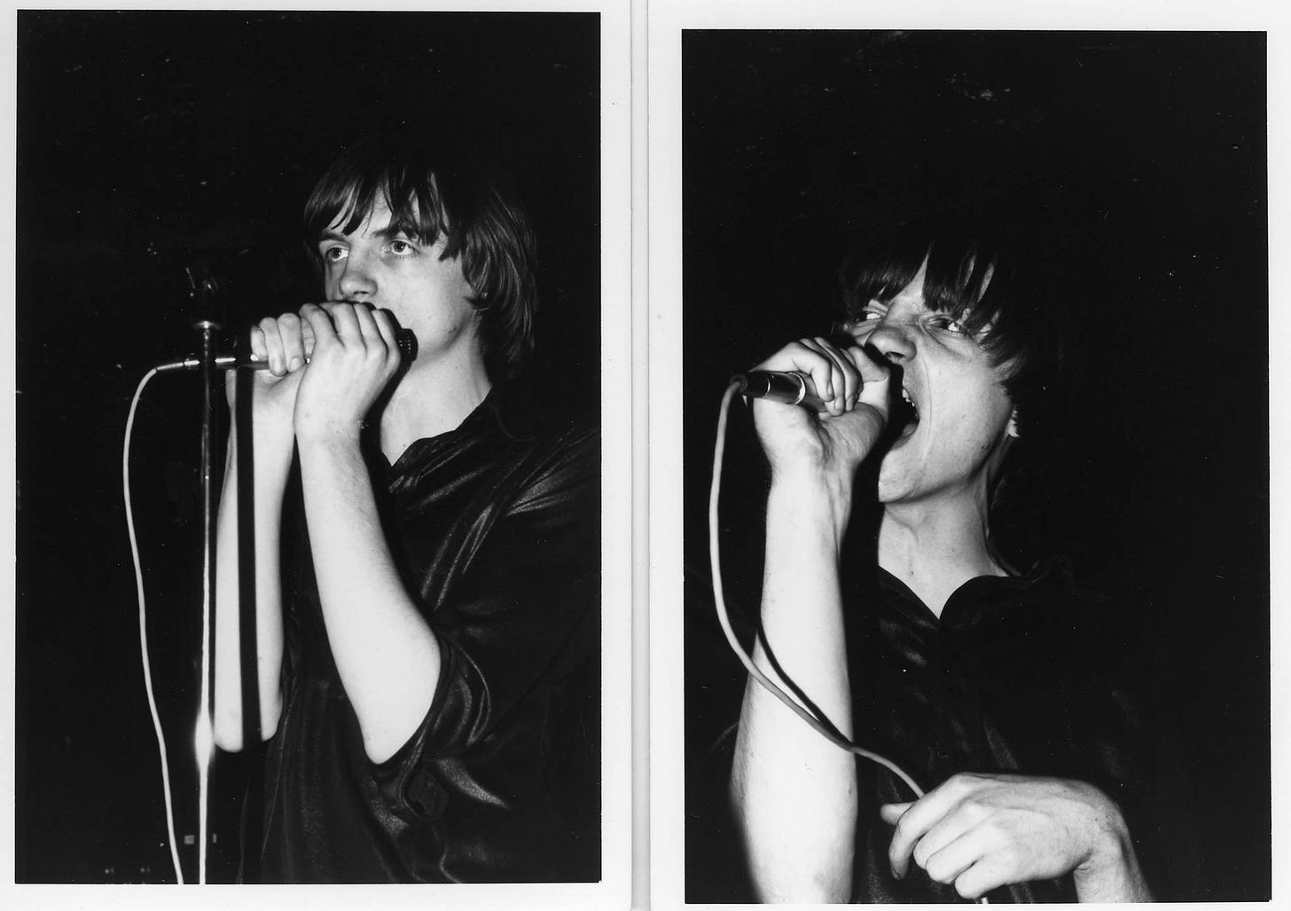 Two closeups of Mark E Smith at the microphone.