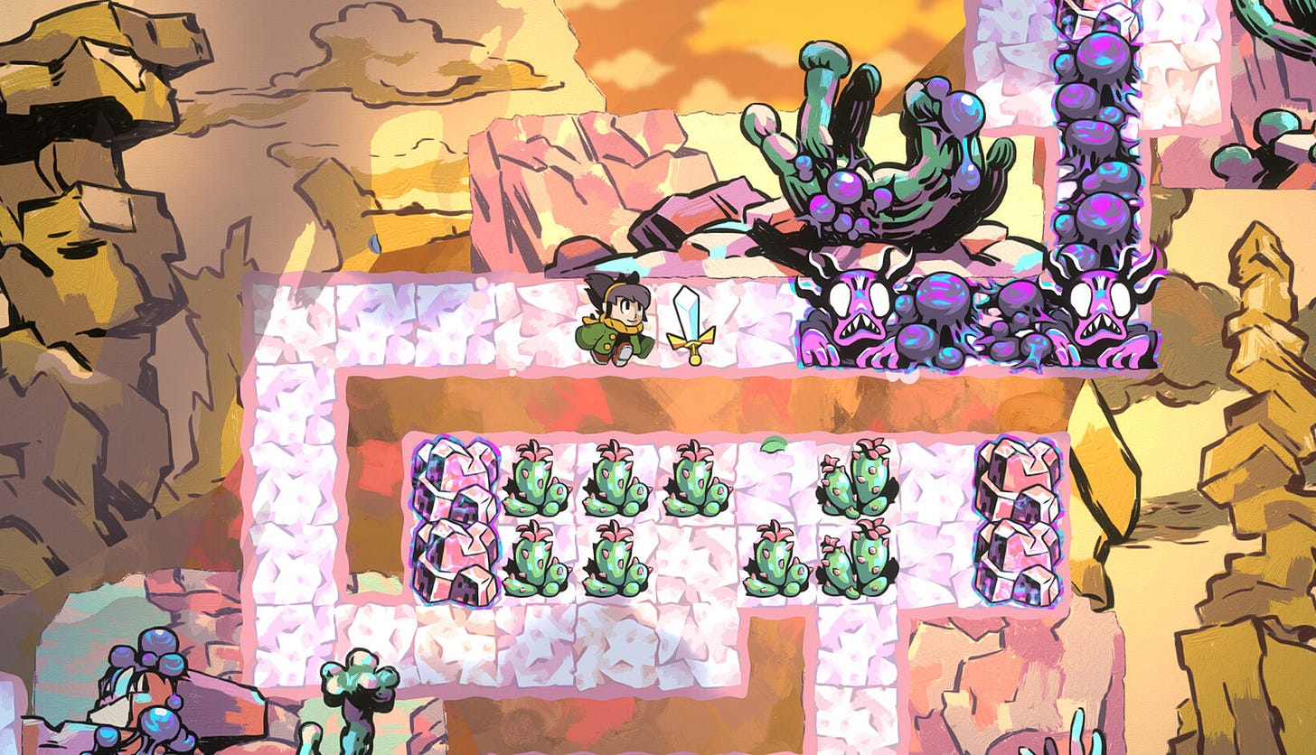 A video game screenshot where a cartoon character approaches a sword. A purple monster waits at the other side.