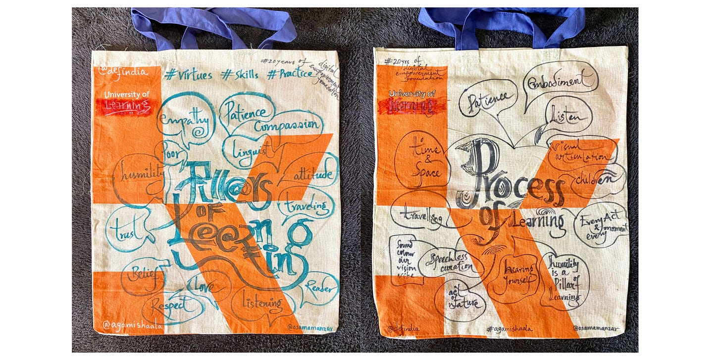 Two canvas bags with writings and designs capturing the pillars of learning and the process of learning on them