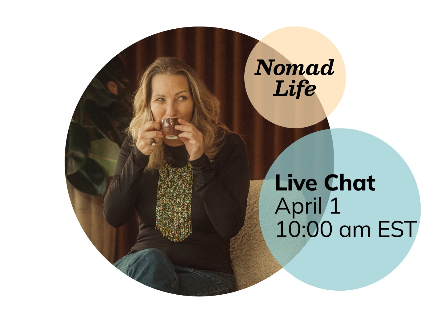 Blond-haired white woman sitting in a café drinking an espresso. She is wearing a black top and jeans, with a colorful beaded necklace and is looking sideways, her face partially hidden by the cup of coffee. 