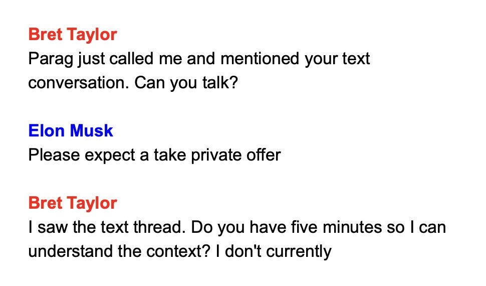 Internal Tech Emails on X: "Bret Taylor texts Elon Musk April 9, 2022  https://t.co/mxfUU9sApg" / X