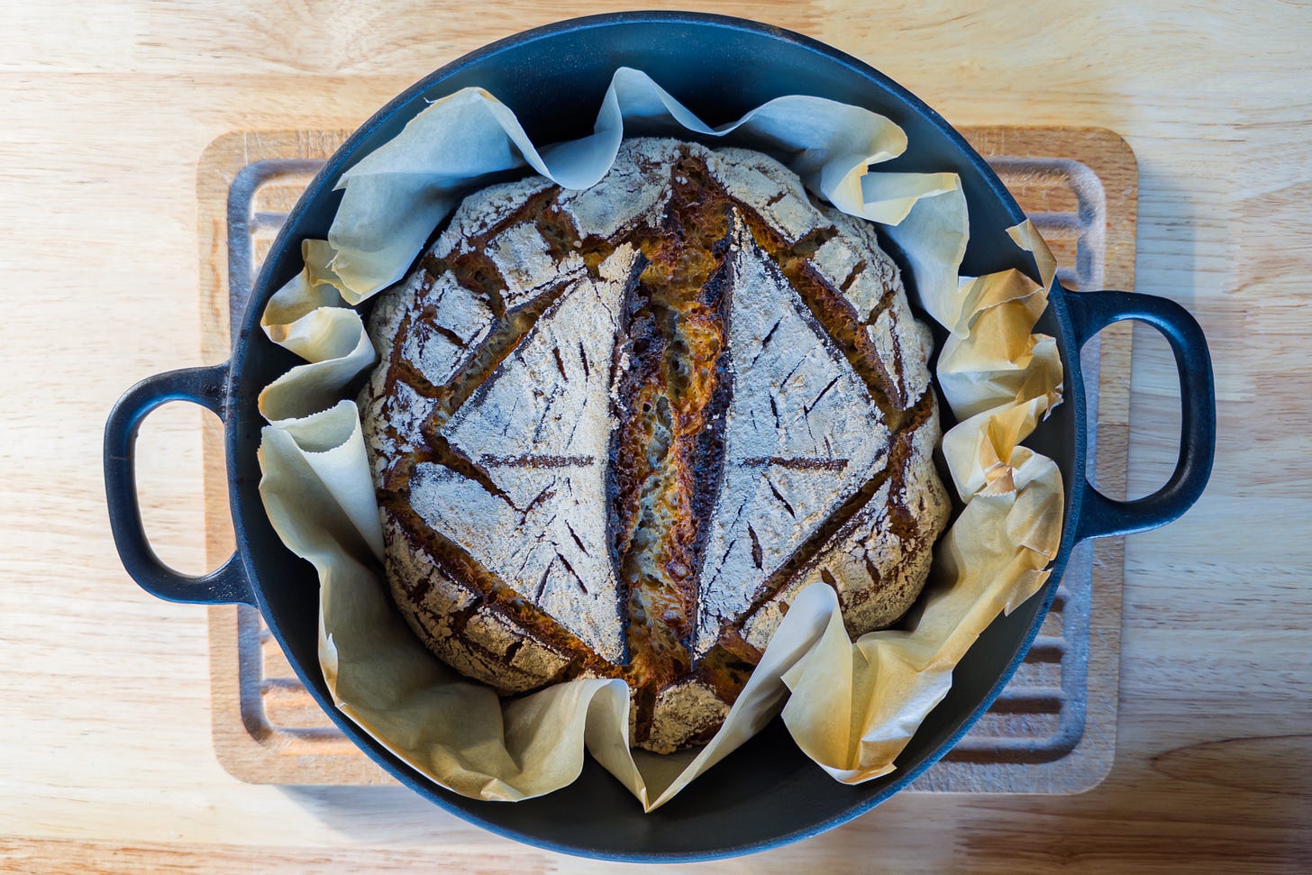 Von oben fotografiertes, rundes Sauerteigbrot in einem schwarzen Gusseisentopf auf einem Holzbrett. Das Brot ist aus Hartweizenmehl sowie einer kräftigeren Mehlmischung aus Weizen-Vollkornmehl, Gersten-Malzmehl und Röst-Roggenmehl gebacken. Die Oberfläche ist hell bemehlt, kunstvoll eingeschnitten und in der Mitte rustikal aufgeplatzt; die Kruste ist tief gold- bis kastanienbraun.
