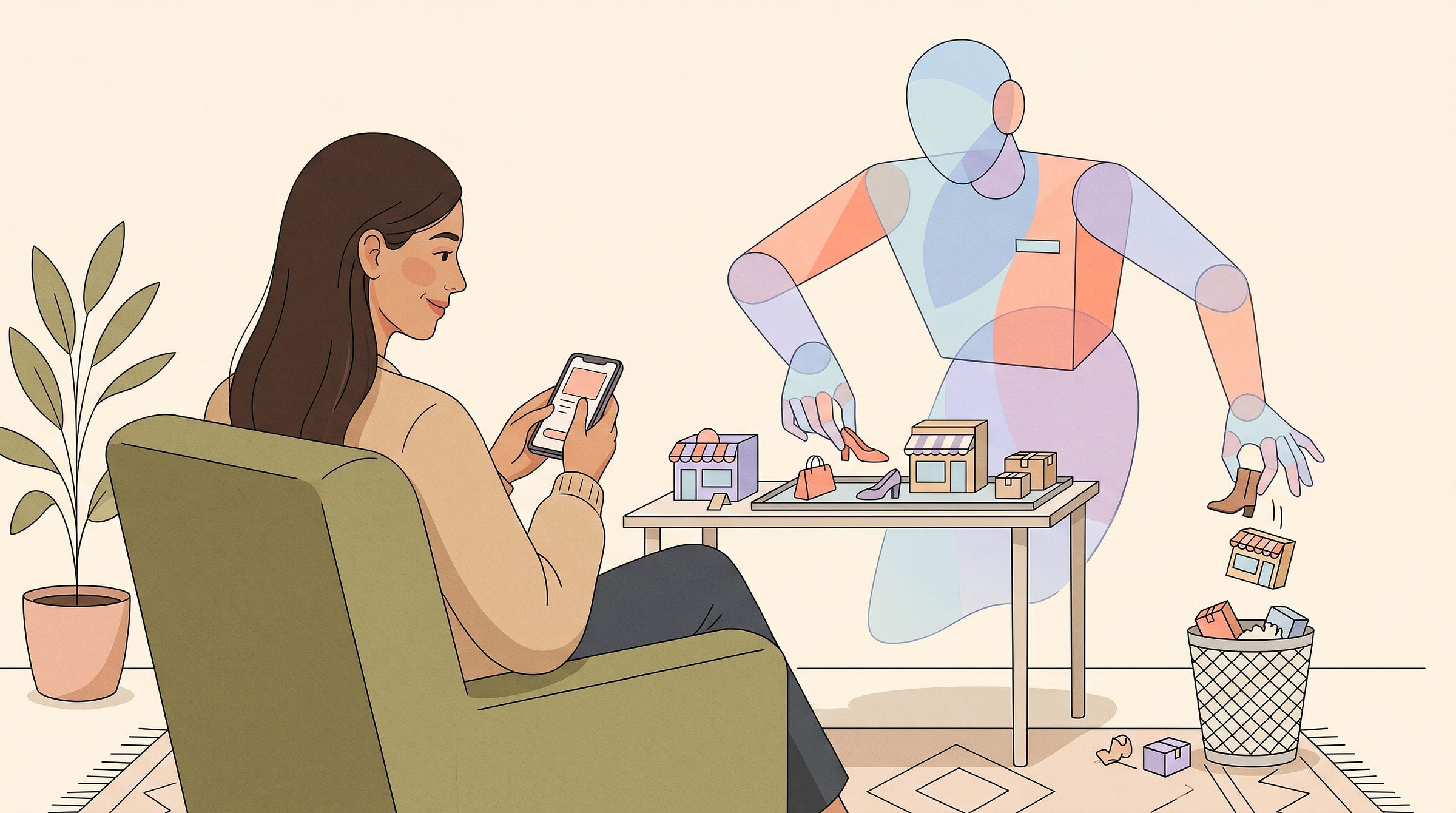 Editorial illustration of a woman browsing her phone while a translucent AI assistant selects miniature shops and discards others into a wastepaper basket. Editorial illustration of a woman browsing her phone while a translucent AI assistant selects miniature shops and discards others into a wastepaper basket.