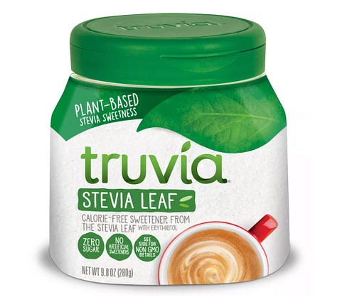 Several brands of highly processed Stevia from online food retailers.