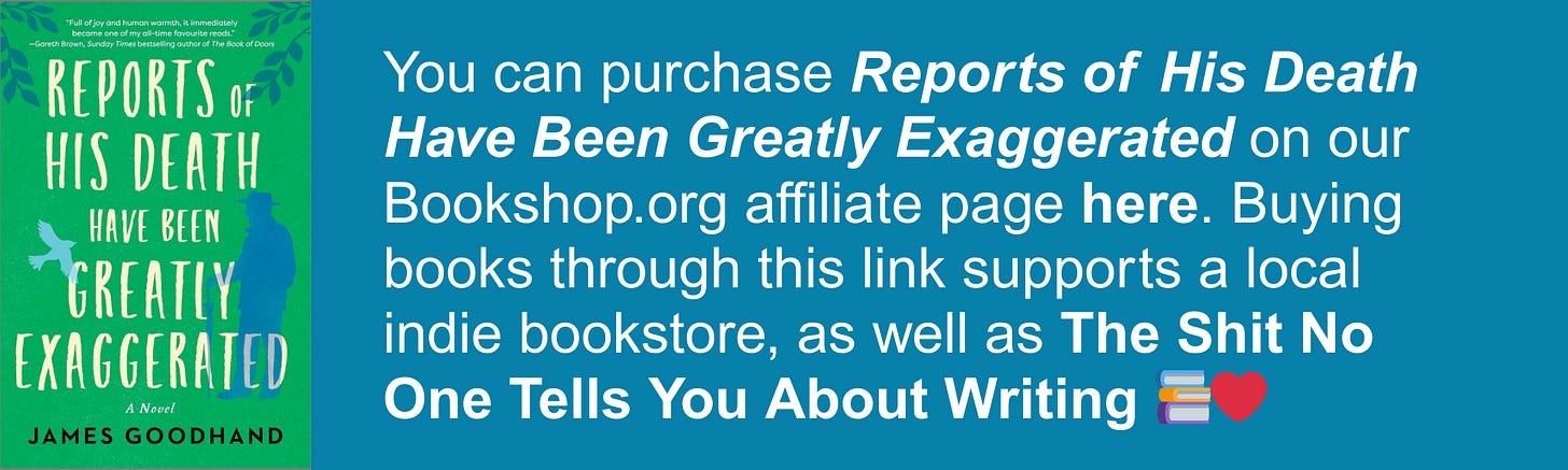 You can purchase Reports of His Death Have Been Greatly Exaggerated on our Bookshop.org affiliate page here. Buying books through this link supports a local indie bookstore, as well as The Shit No One Tells You About Writing 📚❤️