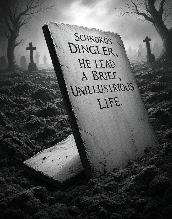 A cracked, lichen-stained slab of gray slate tilts precariously in a field of ashen soil. The epitaph is gouged unevenly into the stone, the letters clawed out by crude tools:"SCHNOKÜS DINGLER HE LEAD A BRIEF, UNILLUSTRIOUS LIFE"The "Ü" in Schnoküs is lopsided, its dots resembling careless chips. The final "R" in Dingler has crumbled away, leaving only a jagged scar. The word "LEAD" (instead of "LED") is a bitter typo, carved by hands too hurried or indifferent to care.