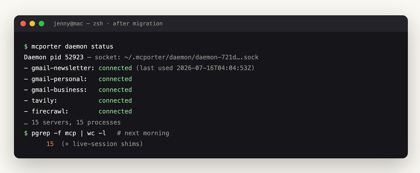 mcporter daemon status listing servers as connected, with a flat census the next morning