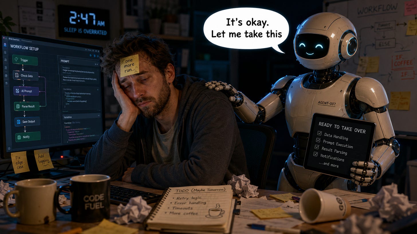A tired founder sits at his desk late at night, surrounded by coffee cups, sticky notes, and workflow diagrams, while a friendly robot agent touches his shoulder and says, “It’s okay. Let me take this.” A tired founder sits at his desk late at night, surrounded by coffee cups, sticky notes, and workflow diagrams, while a friendly robot agent touches his shoulder and says, “It’s okay. Let me take this.”