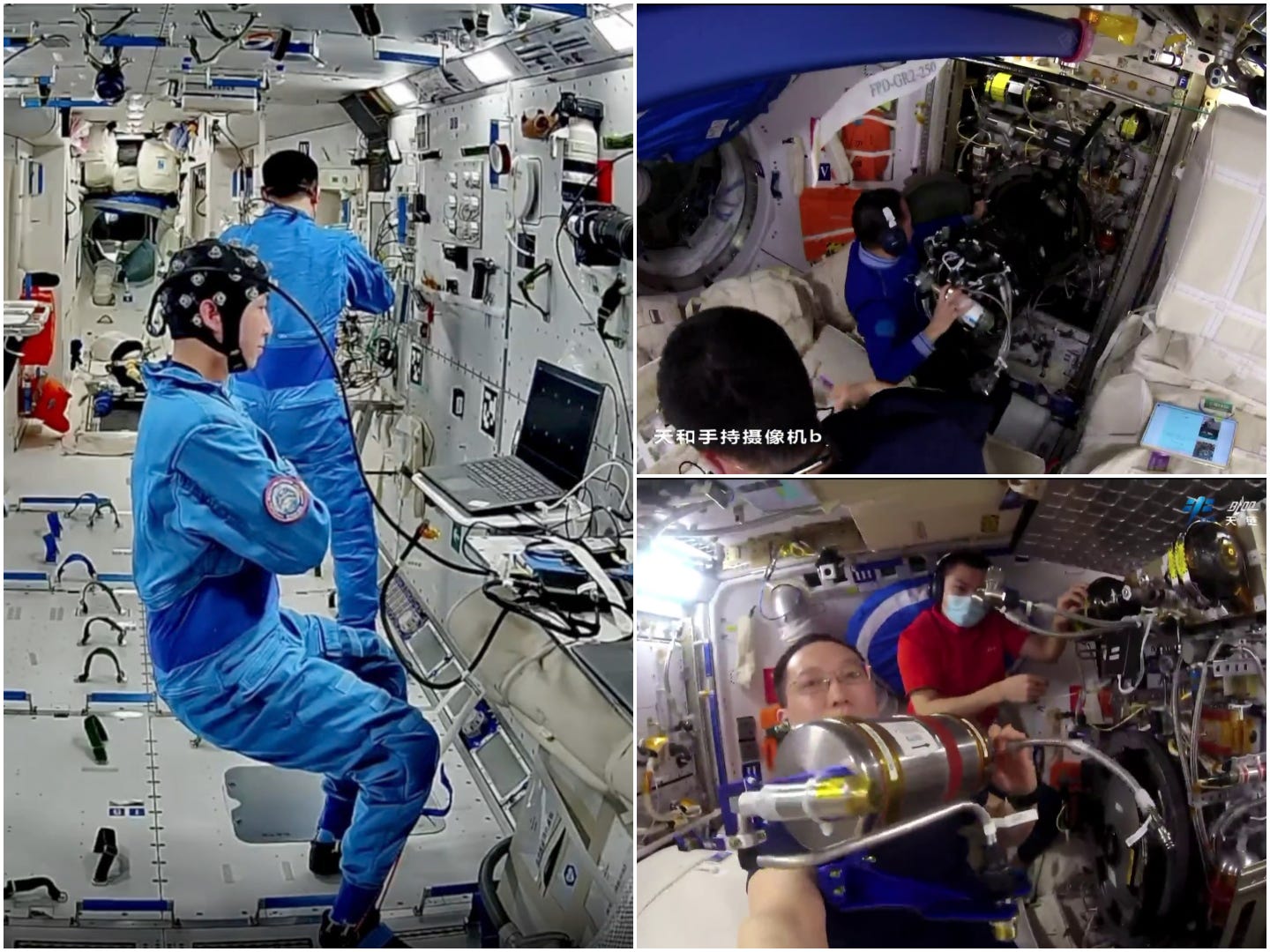 Wu Fei wearing an electroencephalogram cap to participate in an experiment (left) and him working with Zhang Hongzhang to maintain a few experiment cabinets (right).
