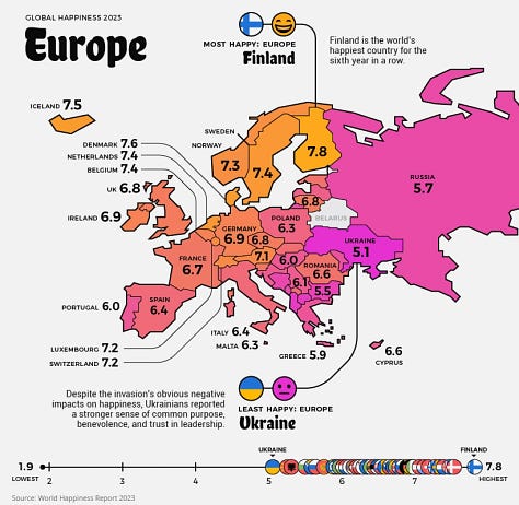 Close-ups by continent of Visual Capitalist's "Global Happiness Index 2023" Map