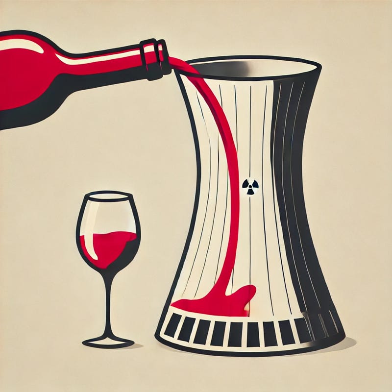 An AI-generated cartoon humorously showing red wine poured into a decanter that resembles a nuclear power plant's cooling tower.