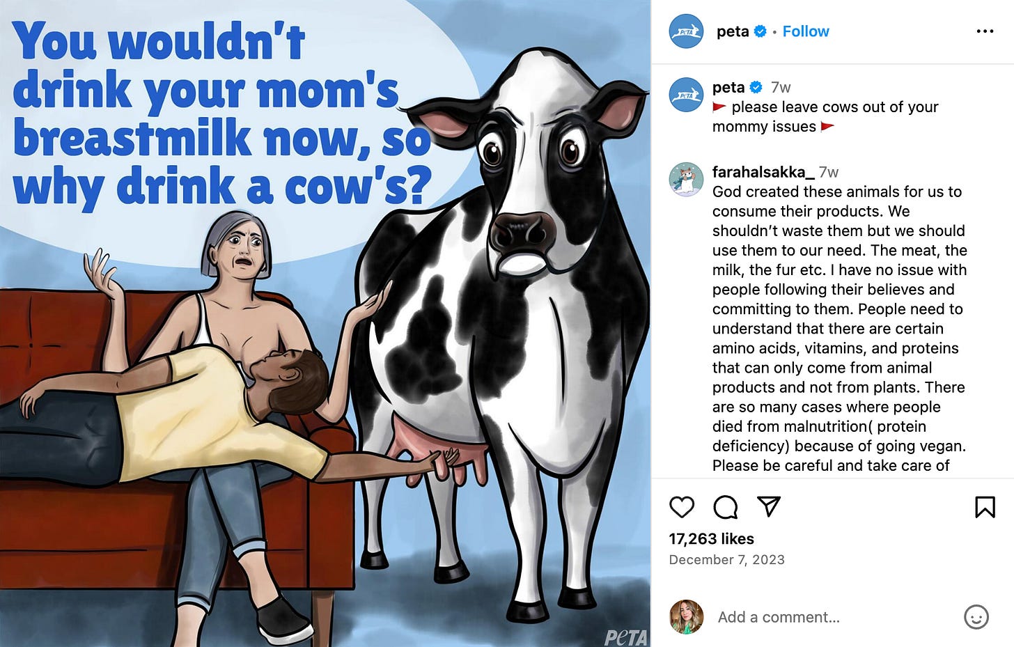 a cartoon that says “You wouldn’t drink your mom’s breastmilk now, so why drink a cow’s?” with an image of a man sucking an older woman’s breast
