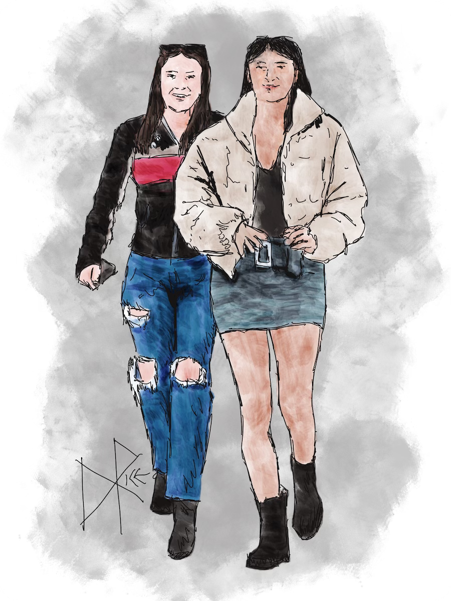 Two women walking outdoors in spring, having a pleasant conversation. Sketch art by Don Rice.