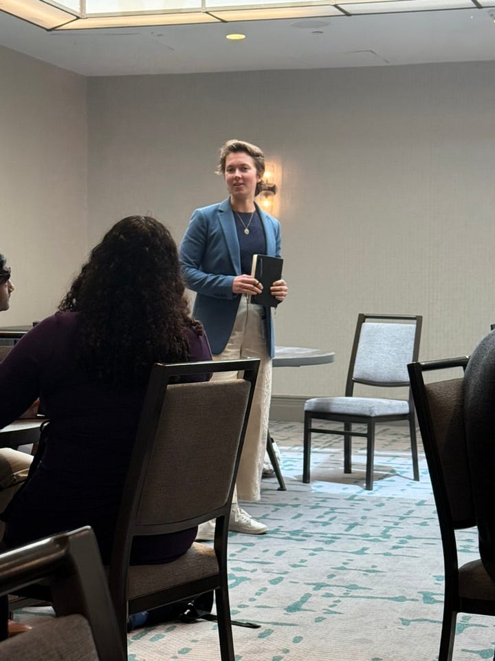 The author at various speaking events, plus a picture of a laptop and a "Stop AI" sign.