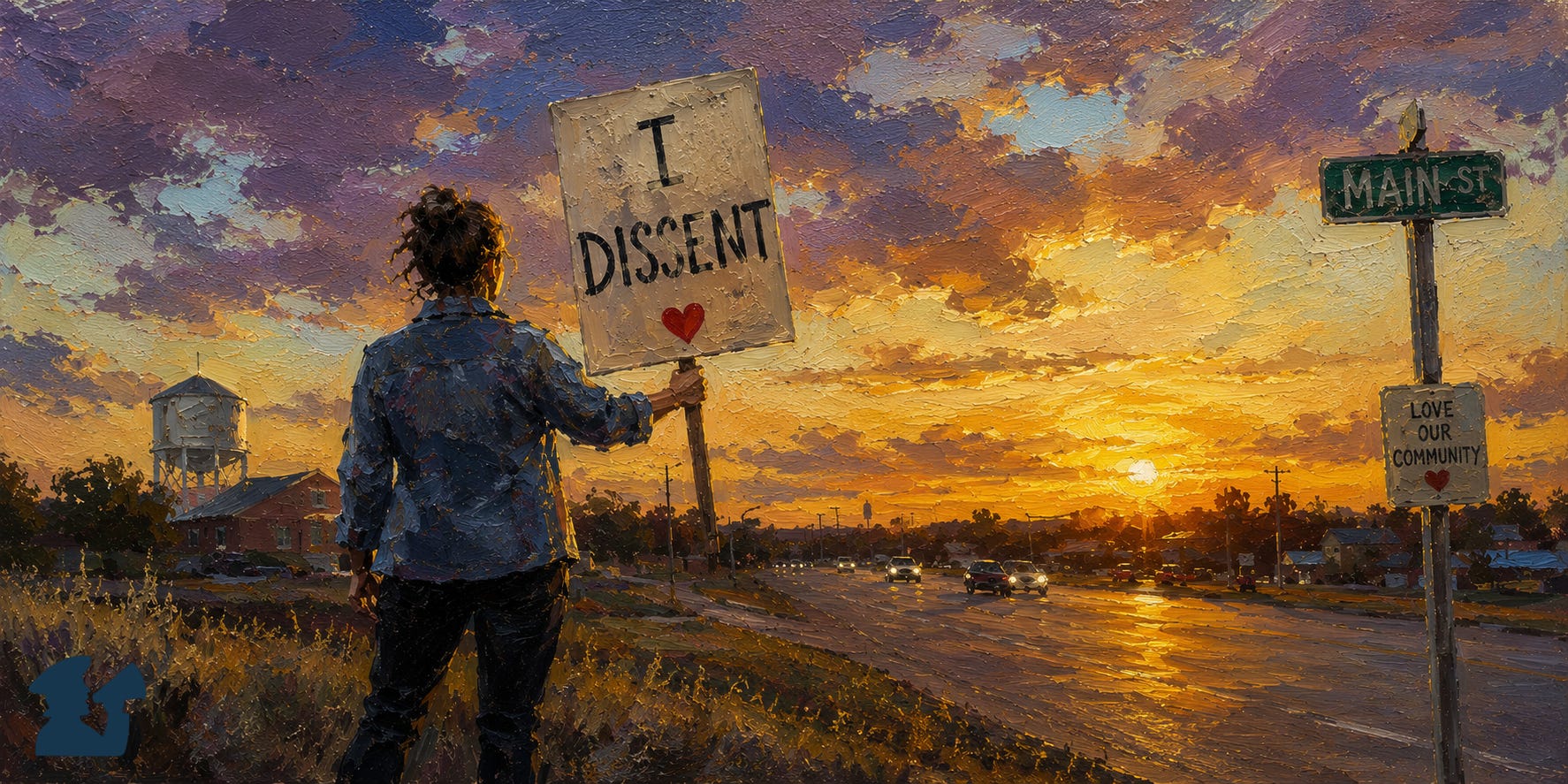 Painterly oil painting of a lone community protester standing beside a roadway at sunset, holding a handmade sign that reads I Dissent. Warm golden light reflects across the street beneath dramatic purple and orange clouds, creating a powerful scene of civic engagement, resilience, and individual action. Painterly oil painting of a lone community protester standing beside a roadway at sunset, holding a handmade sign that reads I Dissent. Warm golden light reflects across the street beneath dramatic purple and orange clouds, creating a powerful scene of civic engagement, resilience, and individual action.