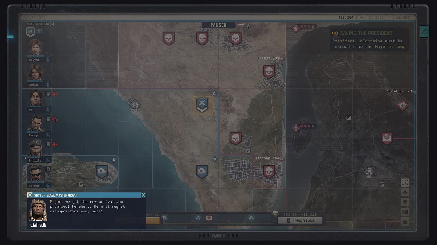 A screenshot of the game Jagged Alliance 3 showing the map and a dialogue line on the radio from a character called Slave Master Graaf, saying: "Major, we got the new arrival you promised! Hehehe... He will regret disappointing you, boss!"