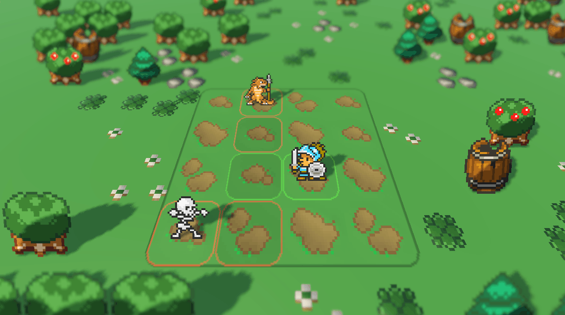 Animated image: A hero, skeleton, and lizard-person on a small grid in a plains/forest scene. The actors are 2d casting shadows in a 3d world. There is a tilt-shift effect where things close to the camera and far away are blurry. Animated image: A hero, skeleton, and lizard-person on a small grid in a plains/forest scene. The actors are 2d casting shadows in a 3d world. There is a tilt-shift effect where things close to the camera and far away are blurry.