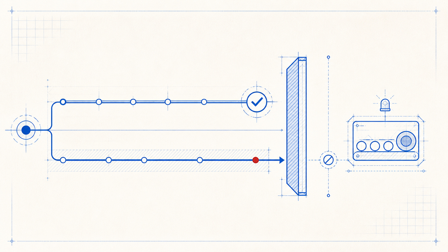 A blue technical drawing shows a completed record-save path above a transaction path blocked at a commit barrier, with a separate worker beyond it. A blue technical drawing shows a completed record-save path above a transaction path blocked at a commit barrier, with a separate worker beyond it.