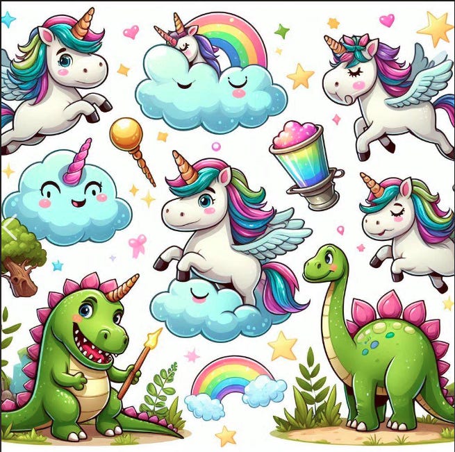 Cartoon unicorns and dinosaurs
