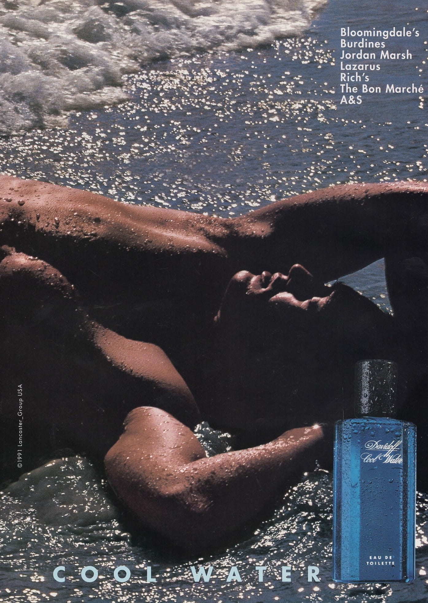 A 1991 advertisement for Davidoff Cool Water cologne featuring a shirtless man reclining in shallow ocean surf, glistening with droplets. His arm is draped across his forehead as sunlight sparkles off the water. In the foreground, a Cool Water bottle appears upright with condensation. A list of department stores appears in the upper right.