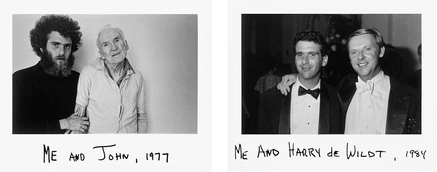 Two photographs. In the left photo, a young man with a beard and long curly hair holds the arm of an elderly man. A handwritten caption says, "Me and John, 1977." In the right photo, a young man with short curly hair smiles beside a man who smiles and has his arm around him. Both men wear tuxedoes. A handwritten caption says, "Me and Harry de Wildt, 1984."